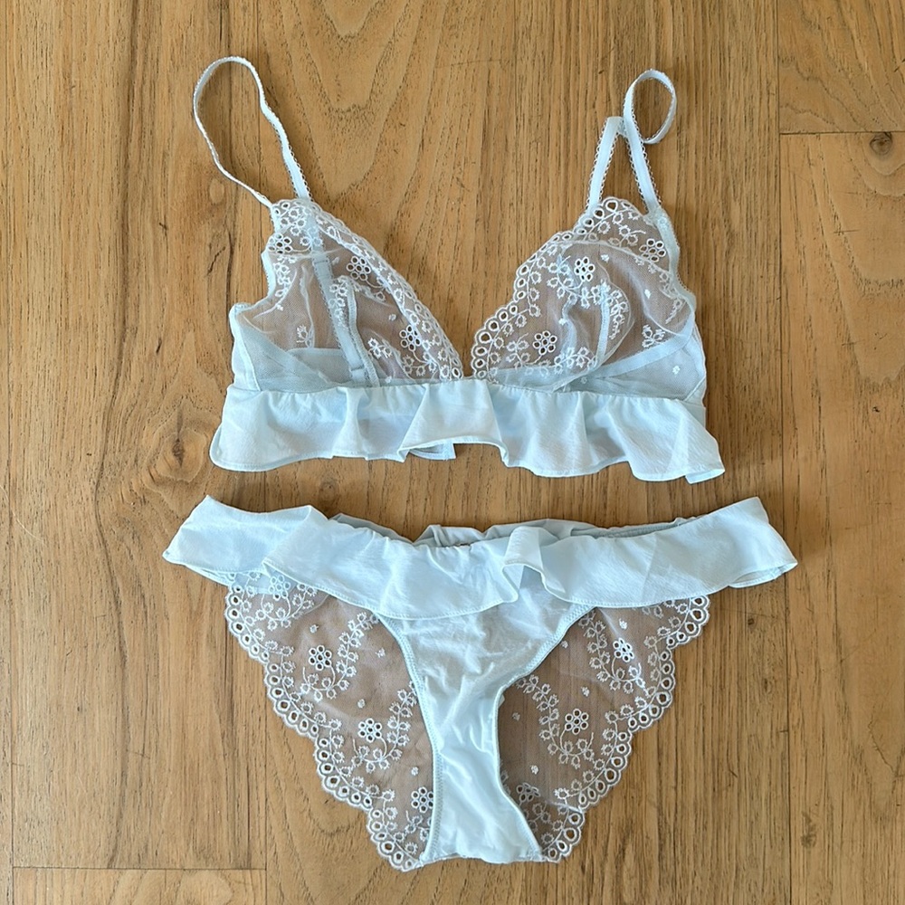GAP BODY Sheer Light Blue Lace Plunge Bralette & Panties with Ruffle